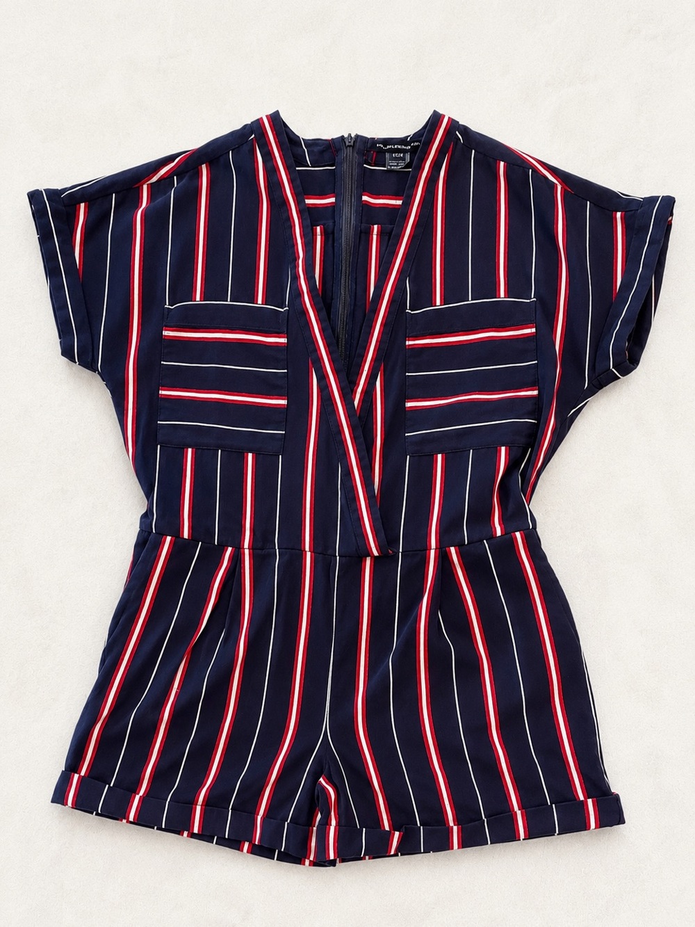 French Connection Utility Striped Romper Womens Size 6 NAVY RED Cotton